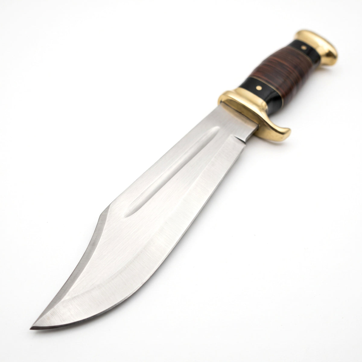 Highline 16" Carbon Steel Bowie Knife | Stacked Leather, carbon steel blade close-up