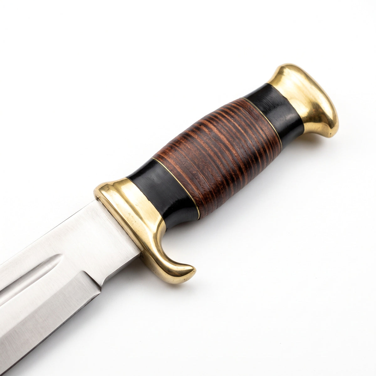 Highline 16" Carbon Steel Bowie Knife | Stacked Leather, handle and fittings close-up