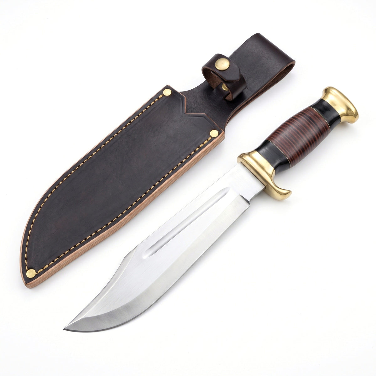 Highline 16" Carbon Steel Bowie Knife | Stacked Leather, three-quarter view with the Crownridge sheath