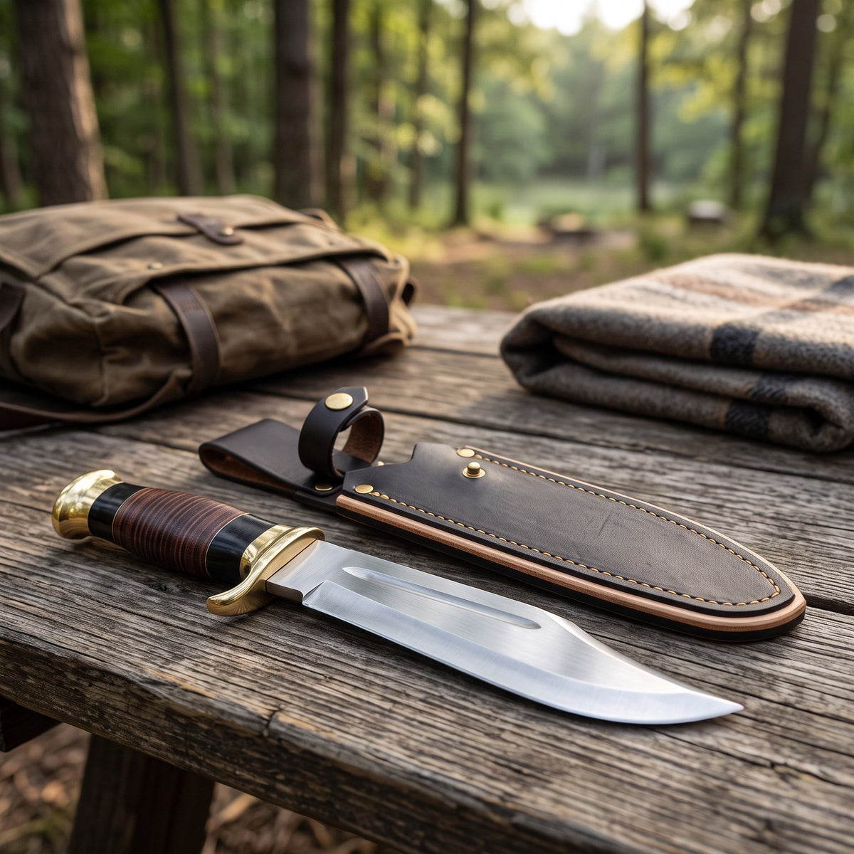 Highline 16" Carbon Steel Bowie Knife | Stacked Leather, with the Crownridge sheath in use