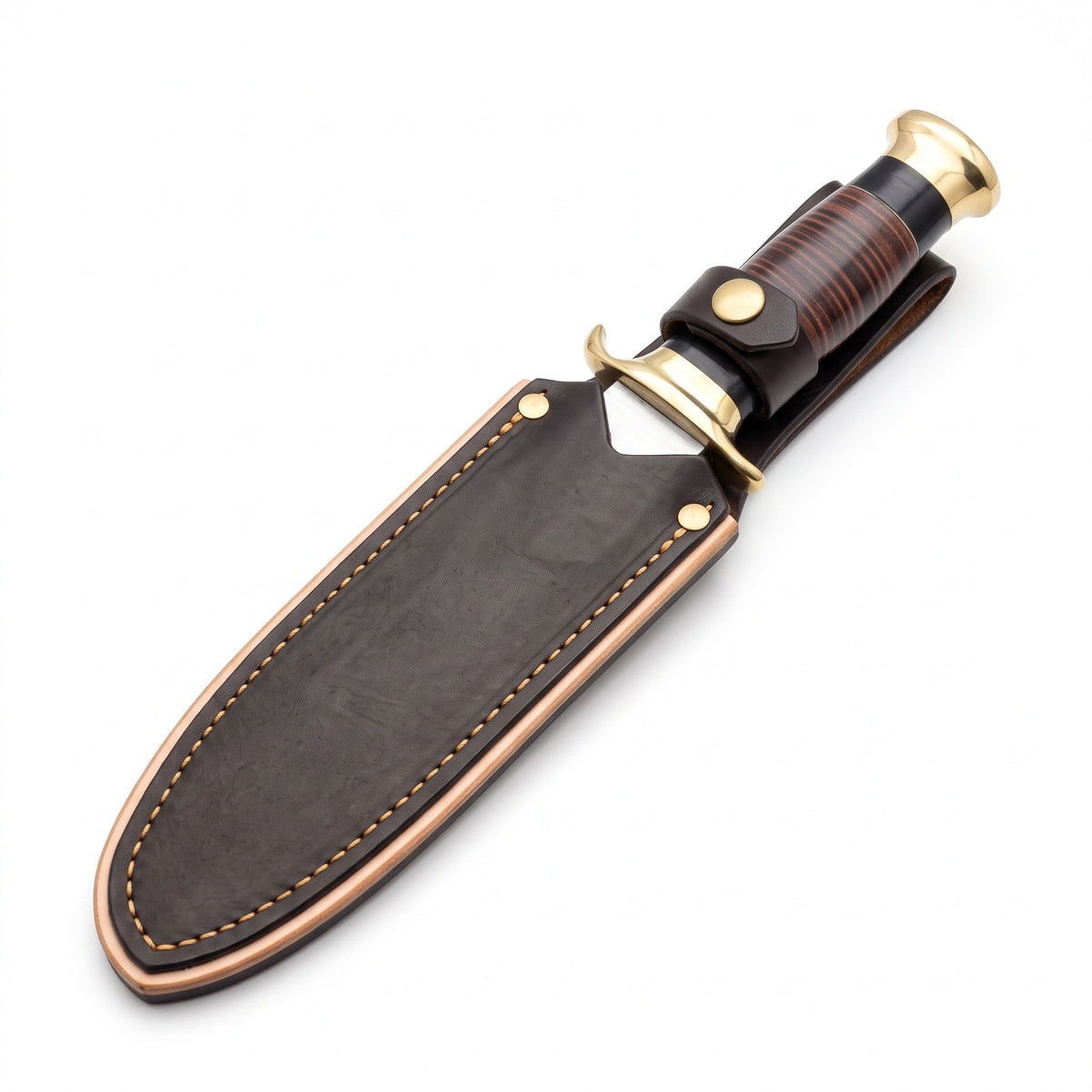 Highline 16" Carbon Steel Bowie Knife | Stacked Leather, seated in the Crownridge sheath