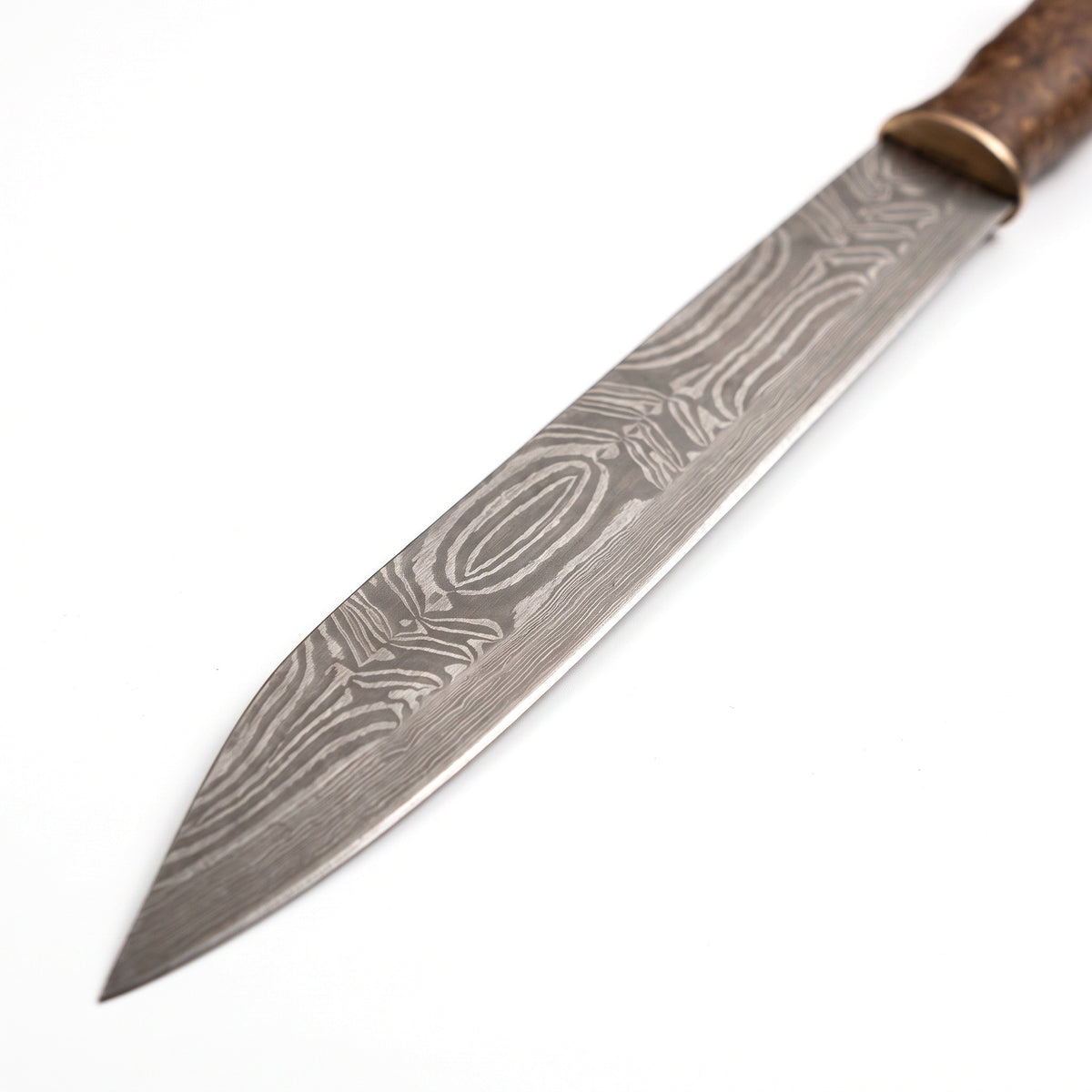 Highline 16" Damascus Seax Knife | Hardwood & Brass, Damascus blade close-up