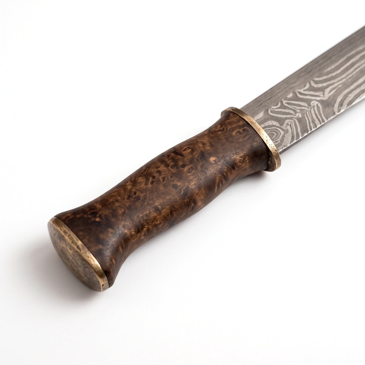 Highline 16" Damascus Seax Knife | Hardwood & Brass, handle and fittings close-up