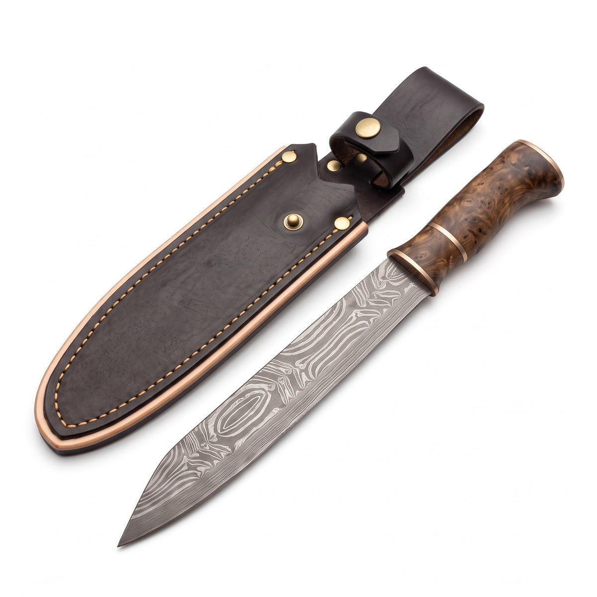 Highline 16" Damascus Seax Knife | Hardwood & Brass, three-quarter view with the Crownridge sheath