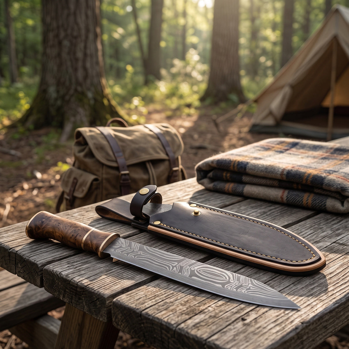 Highline 16" Damascus Seax Knife | Hardwood & Brass, with the Crownridge sheath in use
