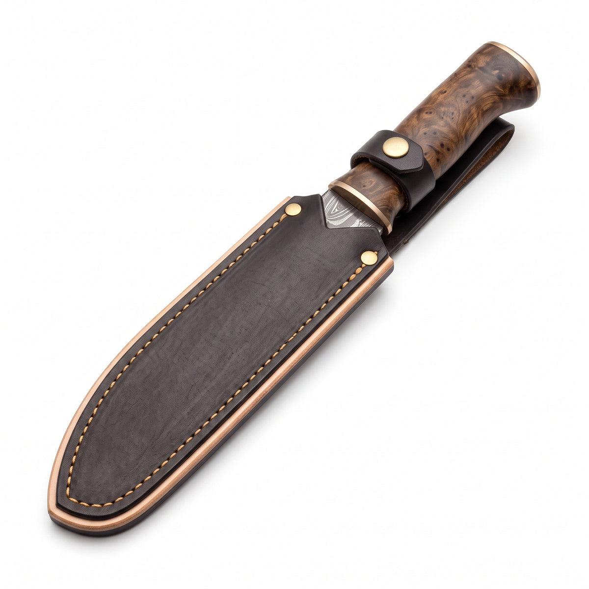 Highline 16" Damascus Seax Knife | Hardwood & Brass, seated in the Crownridge sheath