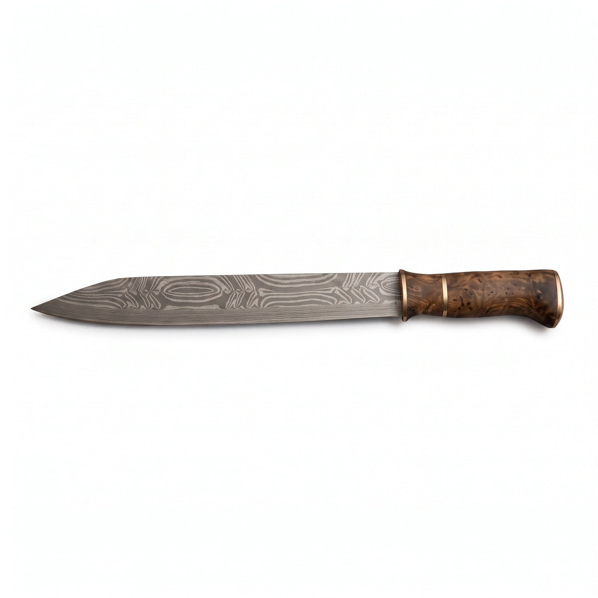 Highline 16" Damascus Seax Knife | Hardwood & Brass, side profile on white