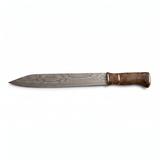 Highline 16" Damascus Seax Knife | Hardwood & Brass, side profile on white