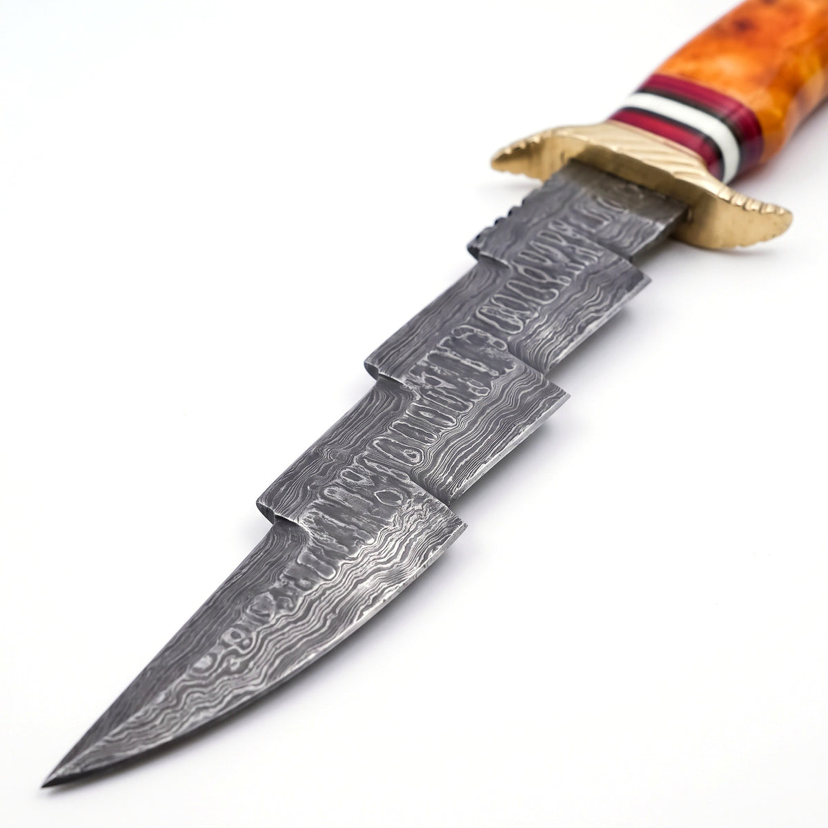 Highline 17" Damascus Bowie Knife | Amber Stabilized Wood, Damascus blade close-up