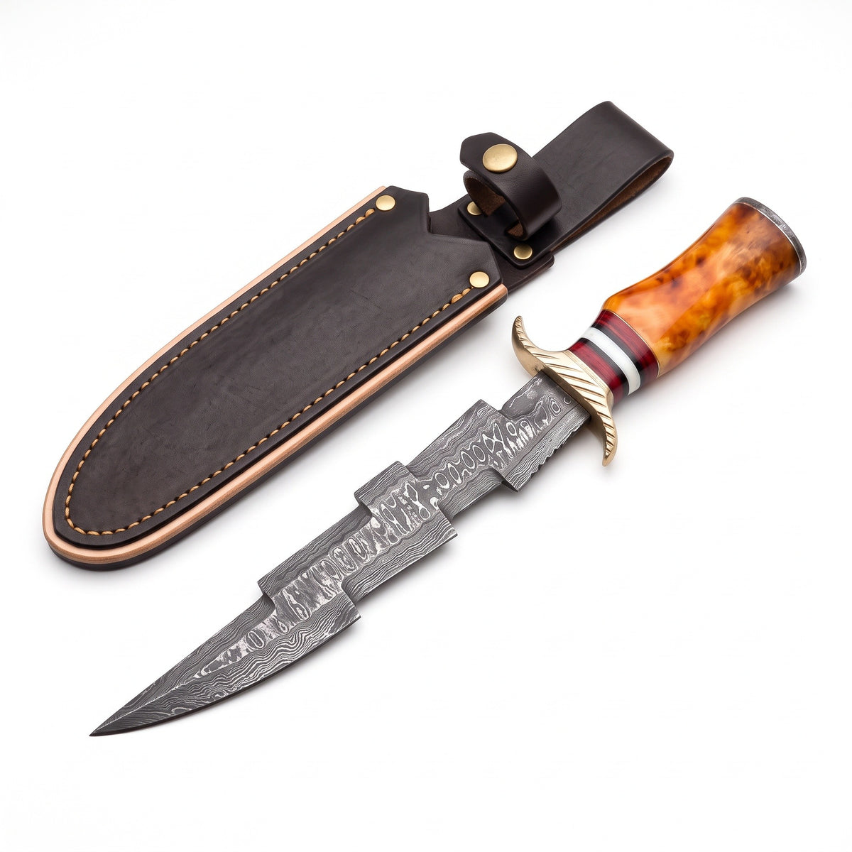 Highline 17" Damascus Bowie Knife | Amber Stabilized Wood, three-quarter view with the Crownridge sheath