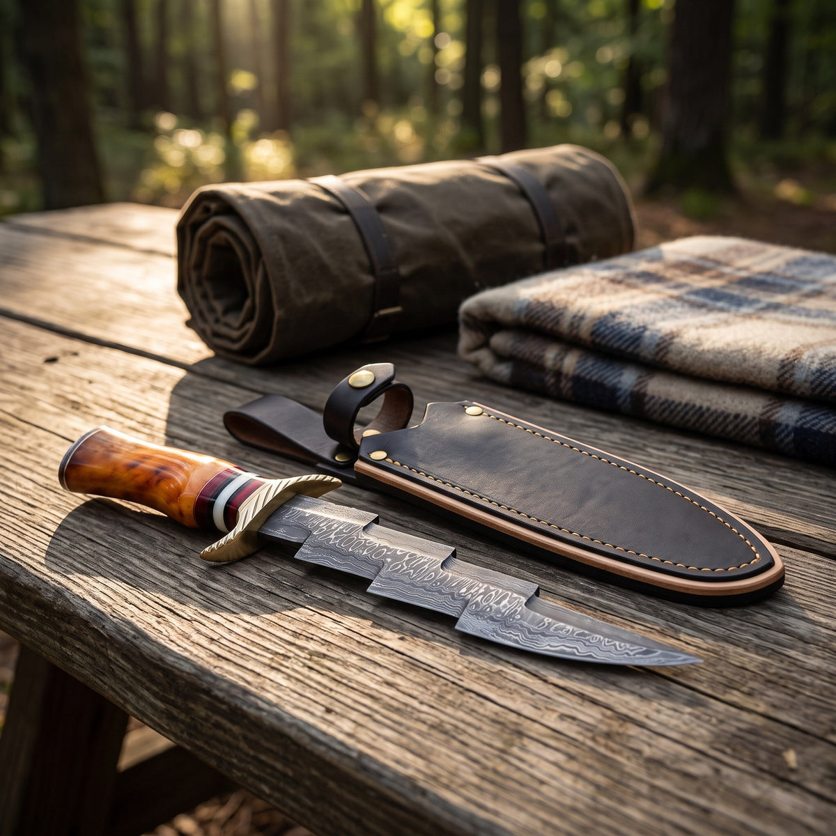 Highline 17" Damascus Bowie Knife | Amber Stabilized Wood, with the Crownridge sheath in use