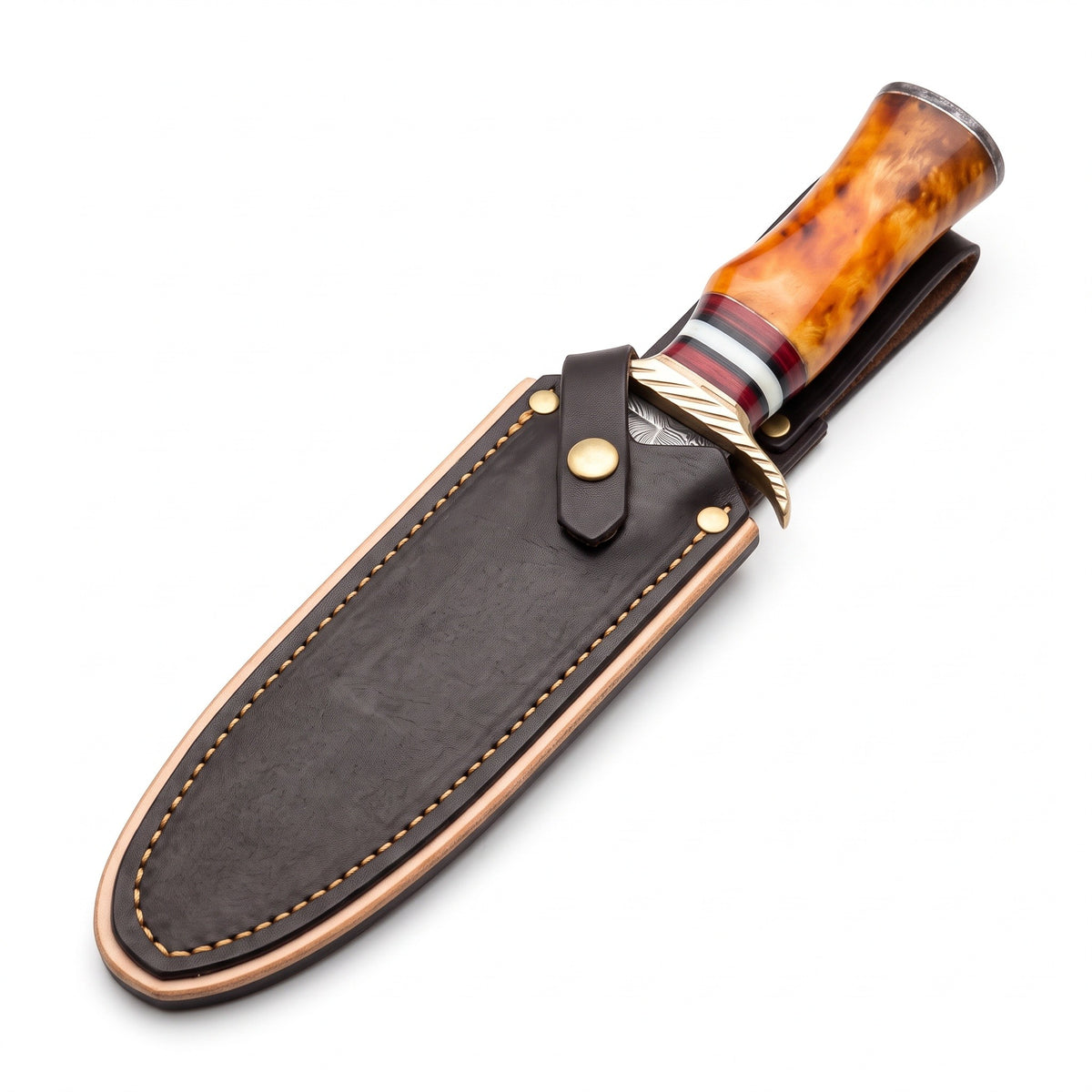 Highline 17" Damascus Bowie Knife | Amber Stabilized Wood, seated in the Crownridge sheath