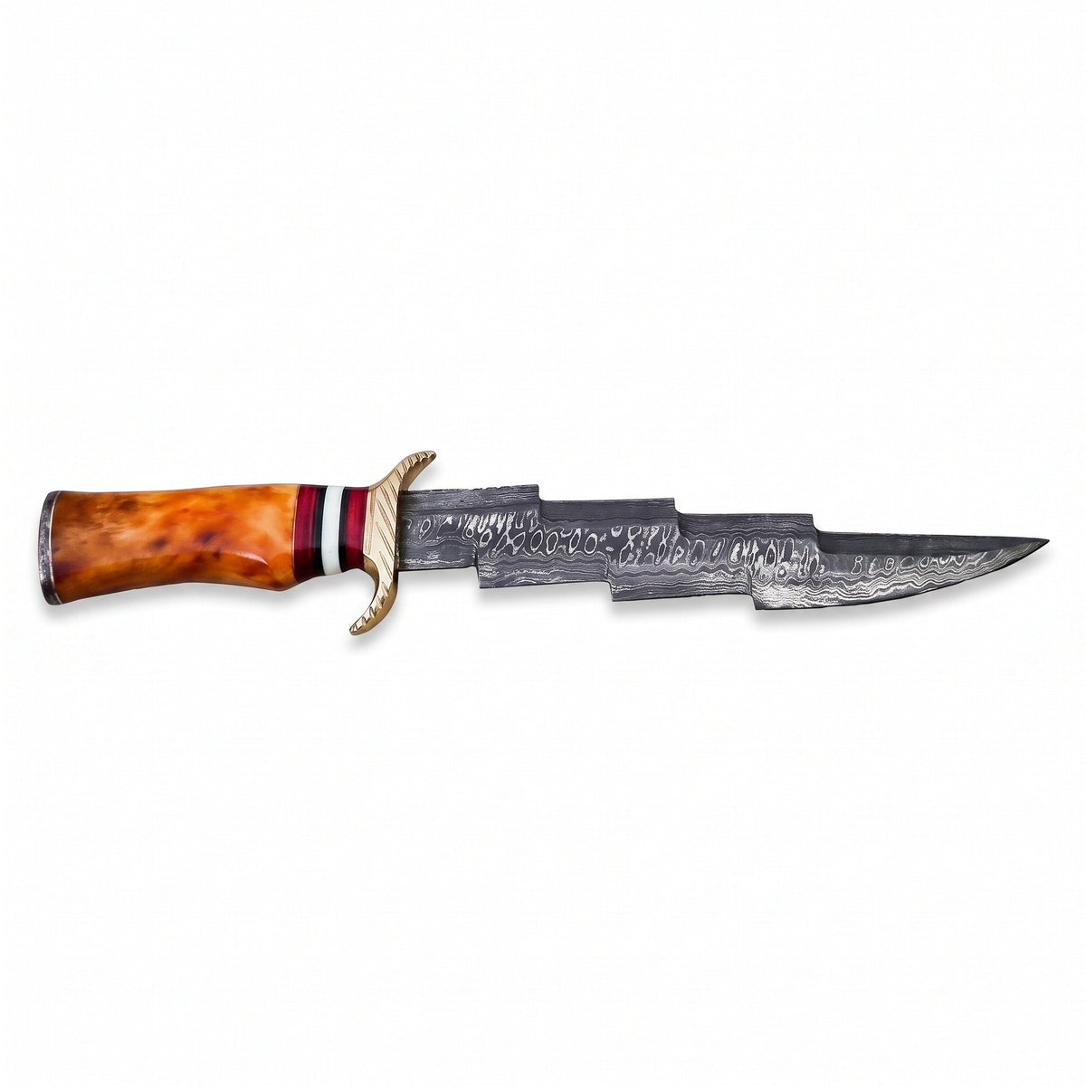 Highline 17" Damascus Bowie Knife | Amber Stabilized Wood, side profile on white
