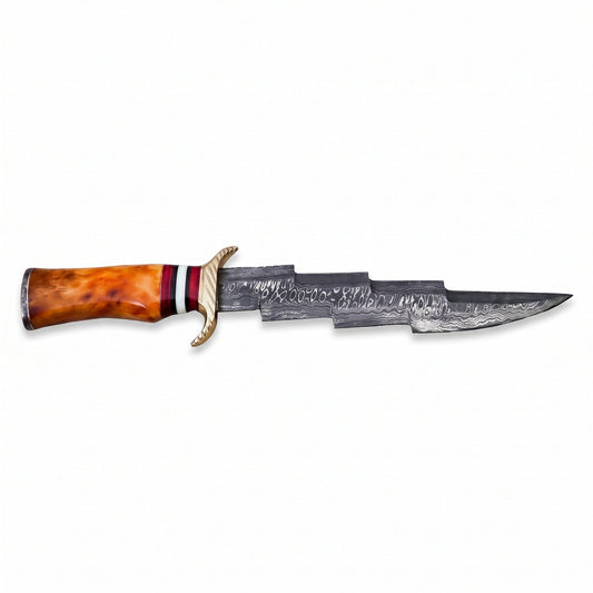 Highline 17" Damascus Bowie Knife | Amber Stabilized Wood, side profile on white