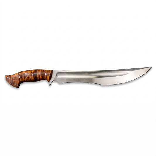 Highline 17" Satin Steel Bowie Knife | Figured Hardwood, side profile on white