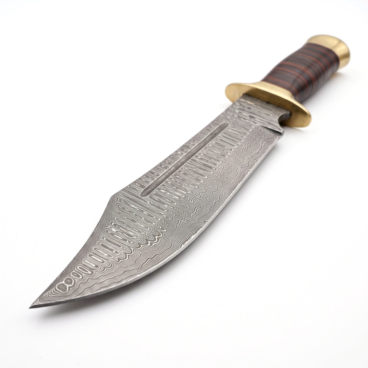 Highline 18" Damascus Bowie Knife | Stacked Leather & Brass, Damascus blade close-up