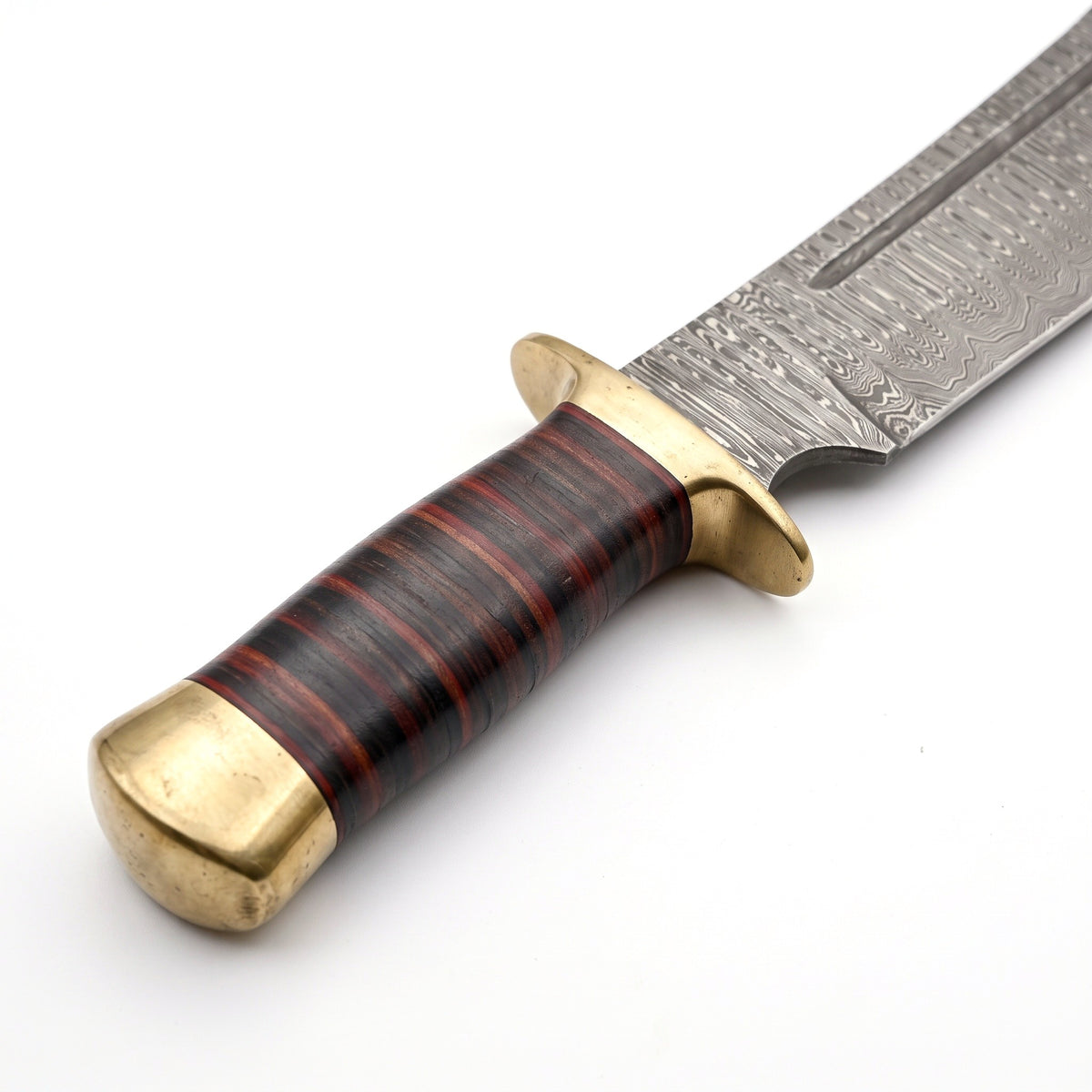 Highline 18" Damascus Bowie Knife | Stacked Leather & Brass, handle and fittings close-up