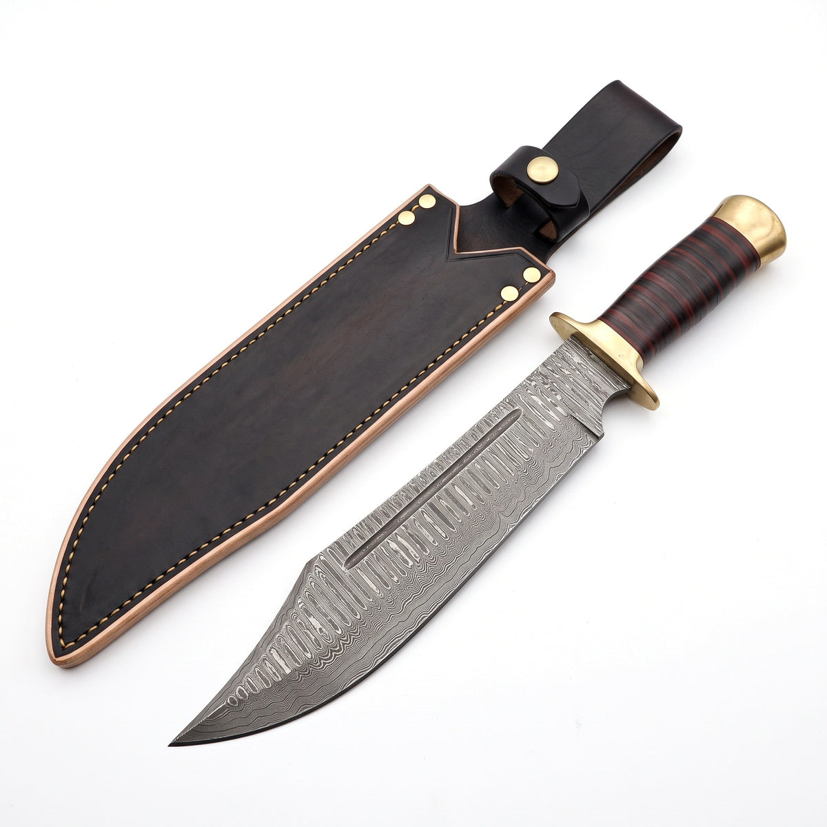 Highline 18" Damascus Bowie Knife | Stacked Leather & Brass, three-quarter view with the Crownridge sheath