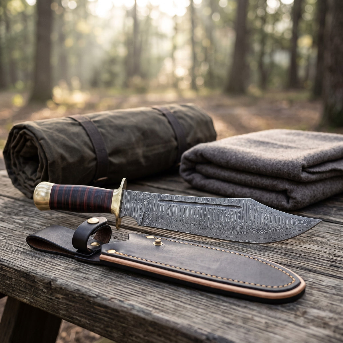 Highline 18" Damascus Bowie Knife | Stacked Leather & Brass, with the Crownridge sheath in use