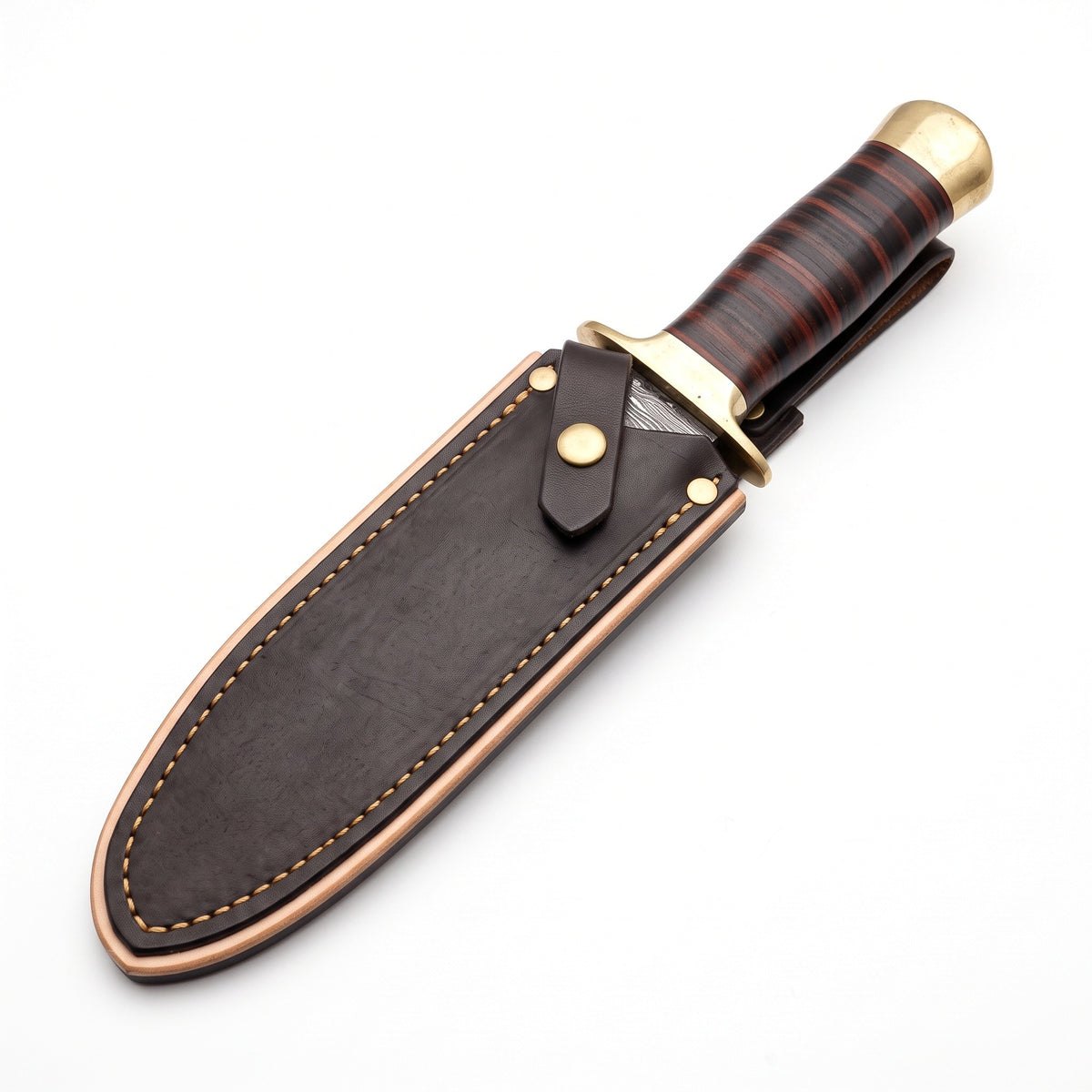 Highline 18" Damascus Bowie Knife | Stacked Leather & Brass, seated in the Crownridge sheath