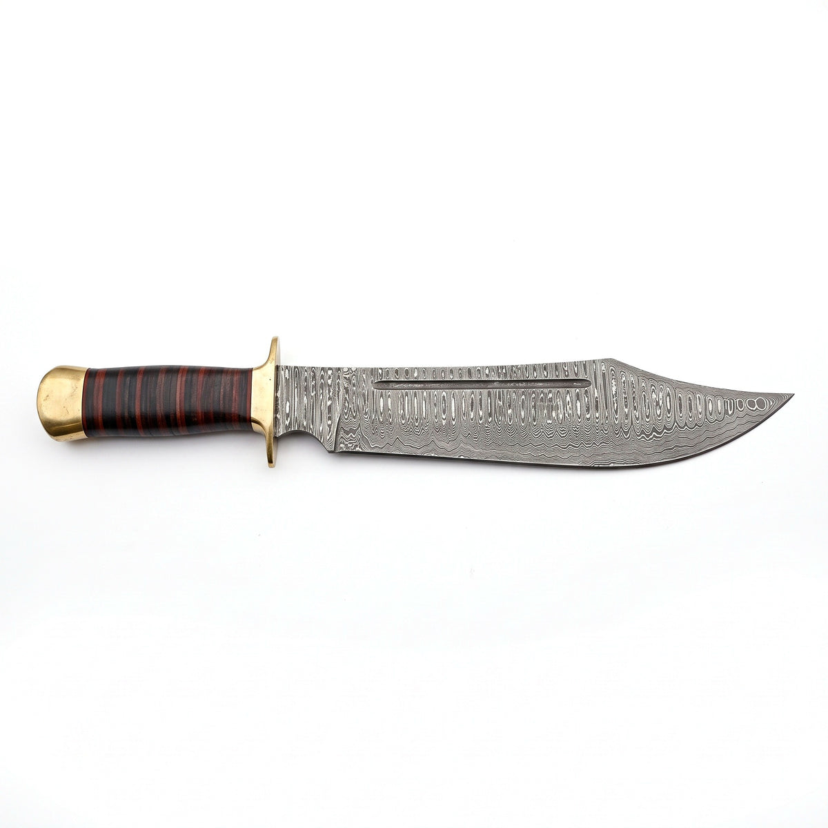Highline 18" Damascus Bowie Knife | Stacked Leather & Brass, side profile on white