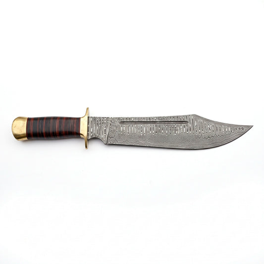 Highline 18" Damascus Bowie Knife | Stacked Leather & Brass, side profile on white