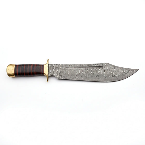 Highline 18" Damascus Bowie Knife | Stacked Leather & Brass, side profile on white
