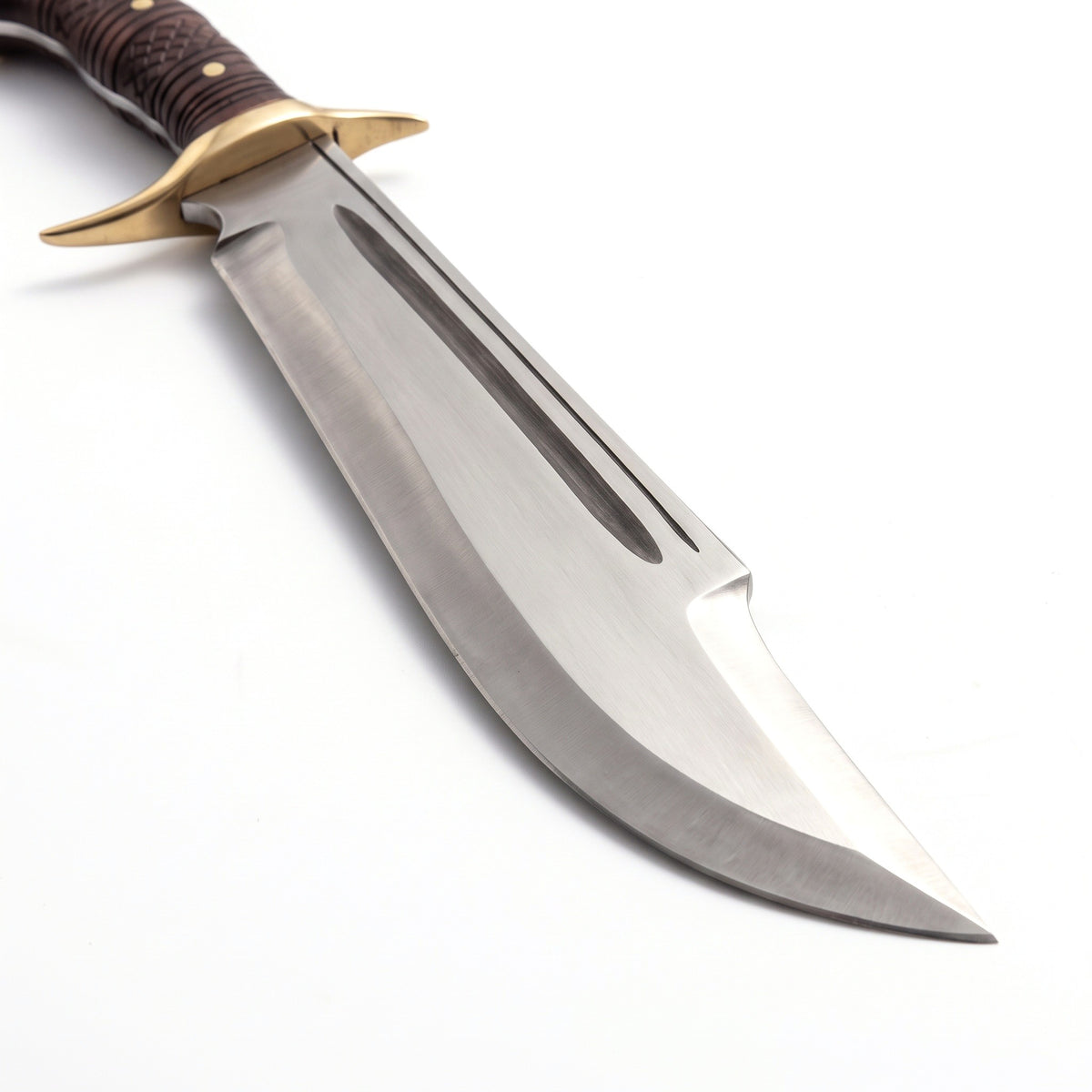 Highline 18" Satin Steel Bowie Knife | Hardwood & Brass, satin steel blade close-up