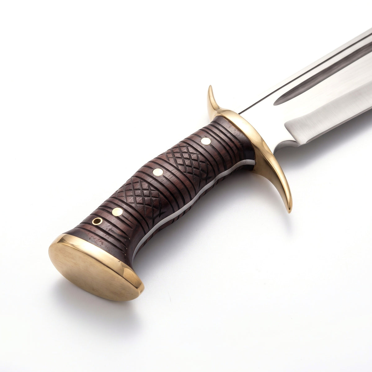 Highline 18" Satin Steel Bowie Knife | Hardwood & Brass, handle and fittings close-up