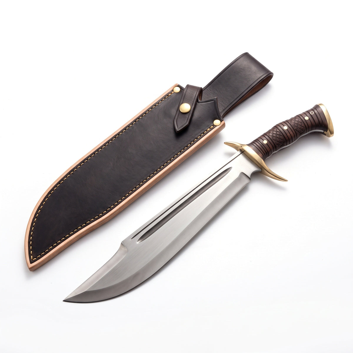 Highline 18" Satin Steel Bowie Knife | Hardwood & Brass, three-quarter view with the Crownridge sheath