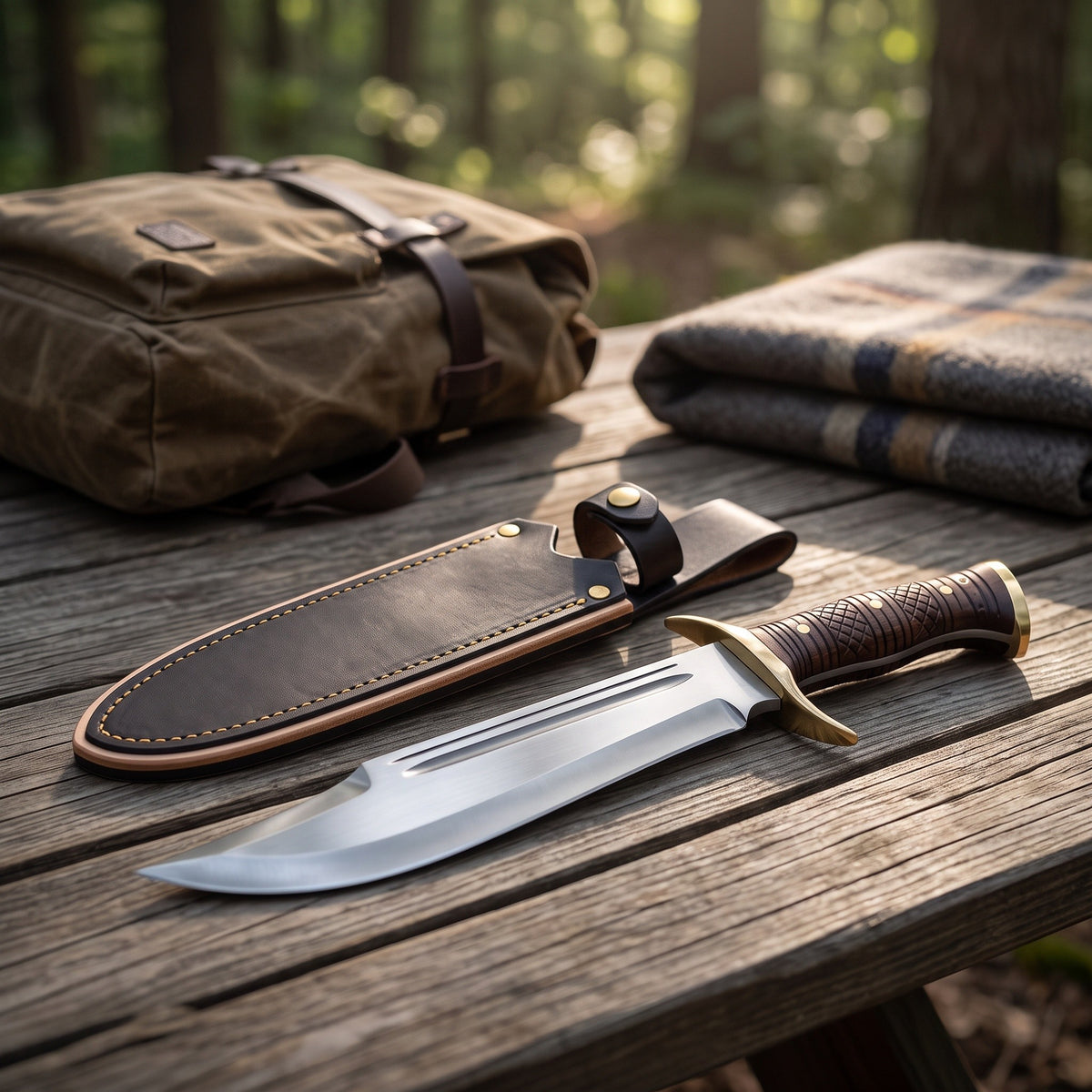 Highline 18" Satin Steel Bowie Knife | Hardwood & Brass, with the Crownridge sheath in use