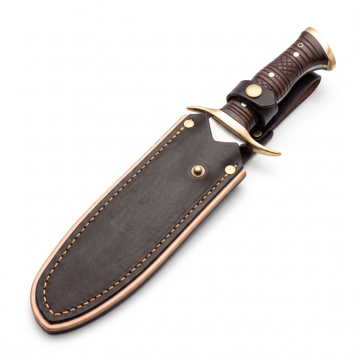 Highline 18" Satin Steel Bowie Knife | Hardwood & Brass, seated in the Crownridge sheath