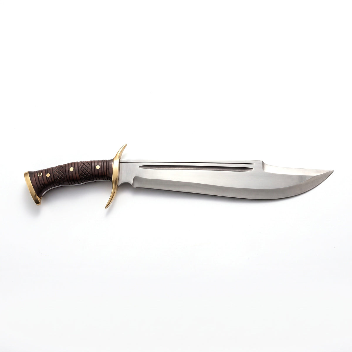 Highline 18" Satin Steel Bowie Knife | Hardwood & Brass, side profile on white