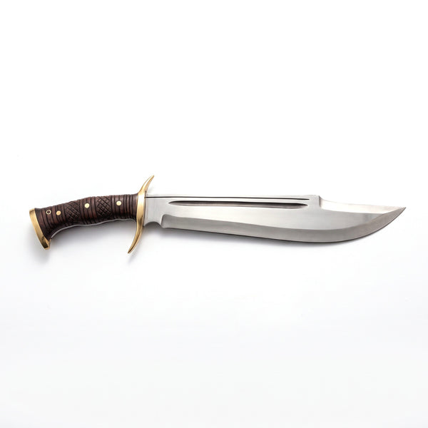 Highline 18" Satin Steel Bowie Knife | Hardwood & Brass, side profile on white