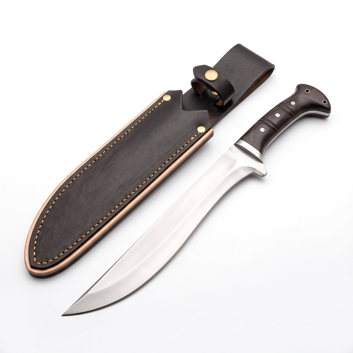 Highline 18" Satin Steel Bowie Knife | Hardwood, three-quarter view with the Crownridge sheath