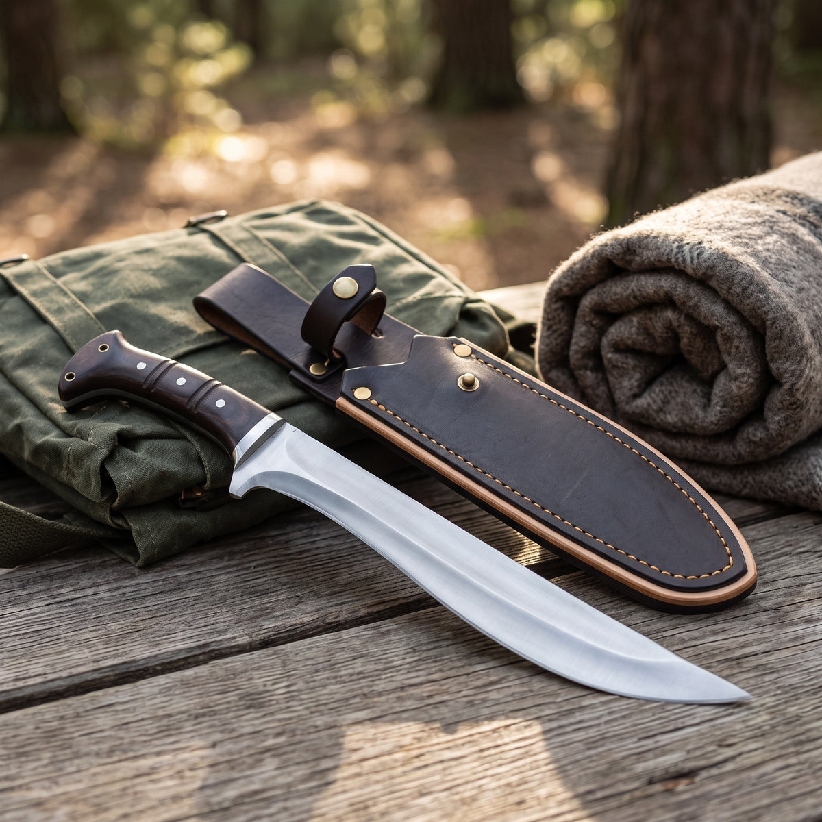 Highline 18" Satin Steel Bowie Knife | Hardwood, with the Crownridge sheath in use