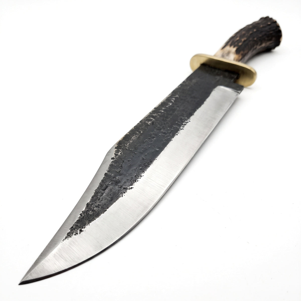 Highline 24" Carbon Steel Bowie Knife | Stag & Brass, carbon steel blade close-up