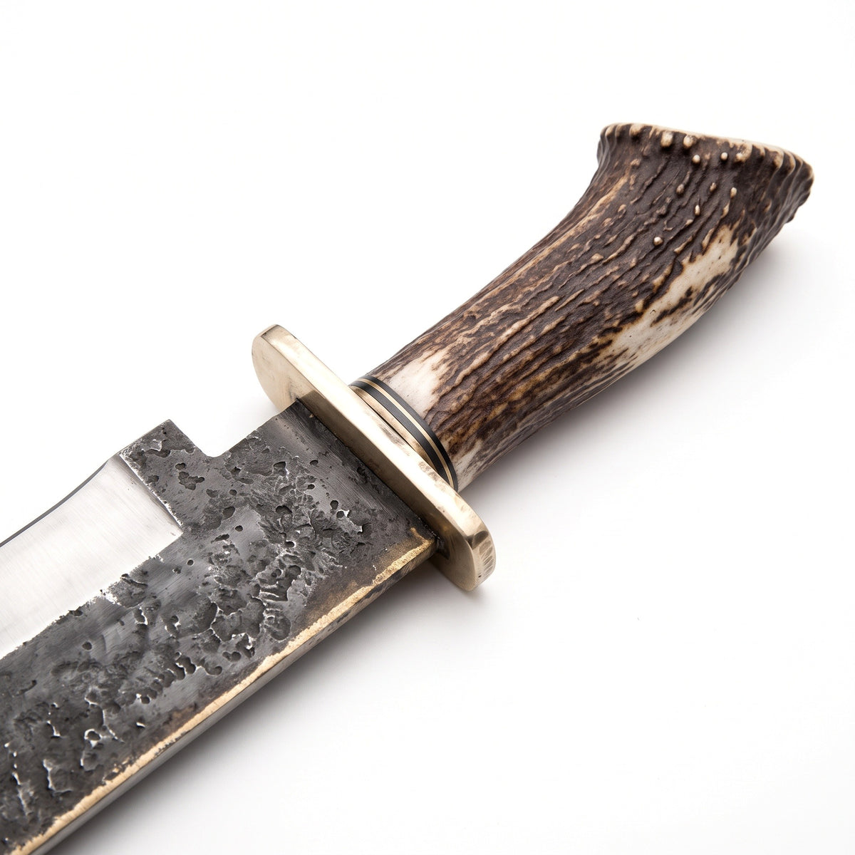 Highline 24" Carbon Steel Bowie Knife | Stag & Brass, handle and fittings close-up