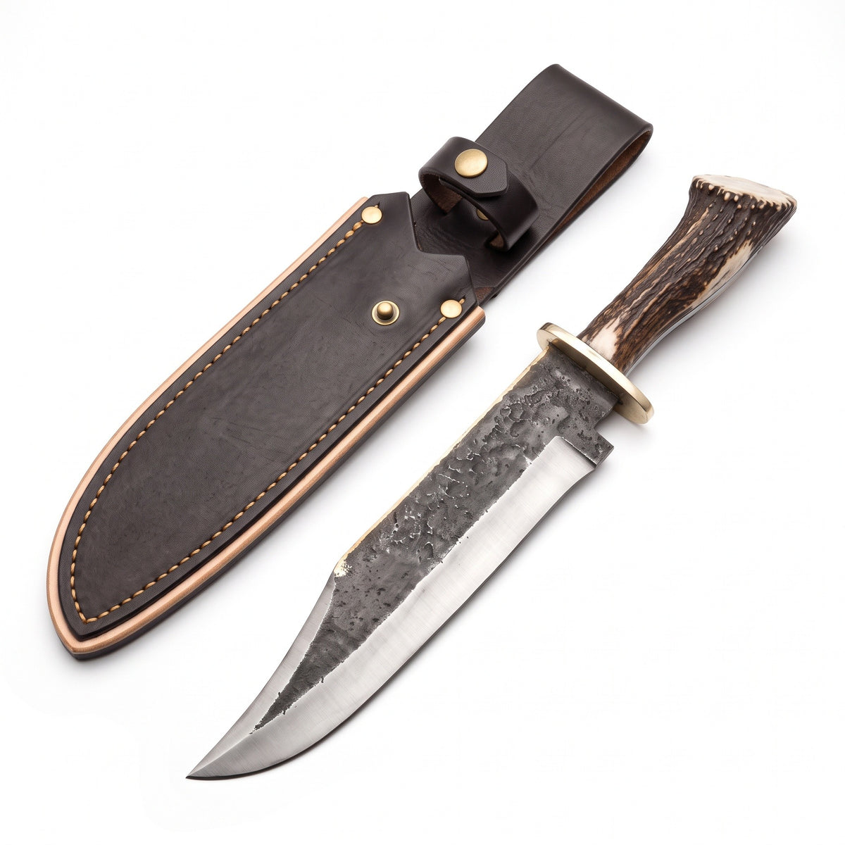 Highline 24" Carbon Steel Bowie Knife | Stag & Brass, three-quarter view with the Crownridge sheath