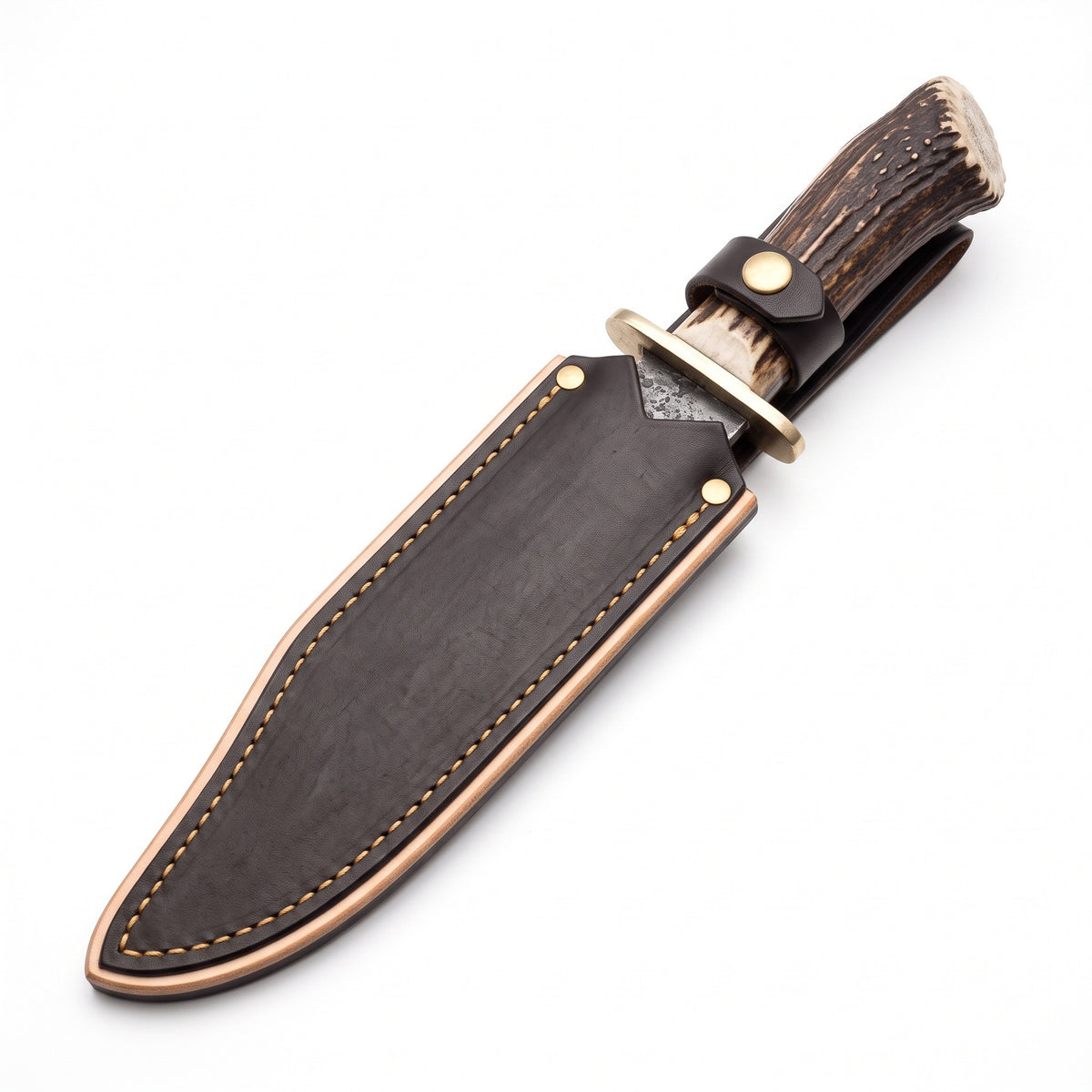 Highline 24" Carbon Steel Bowie Knife | Stag & Brass, seated in the Crownridge sheath