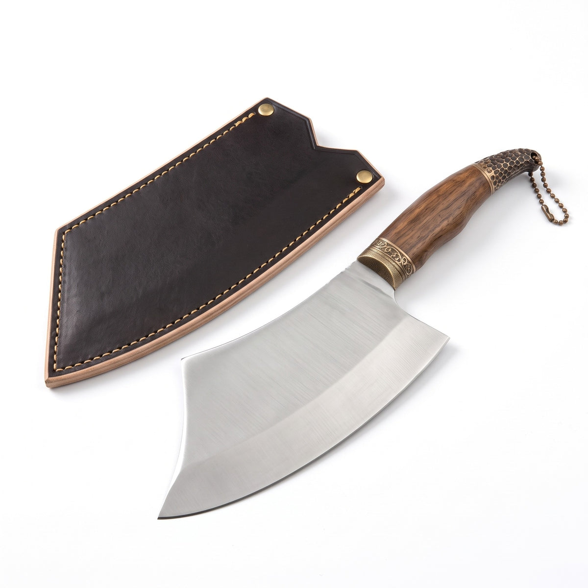 Hollow 10" Carbon Steel Meat Cleaver | Rosewood, three-quarter view with the Crownridge blade guard