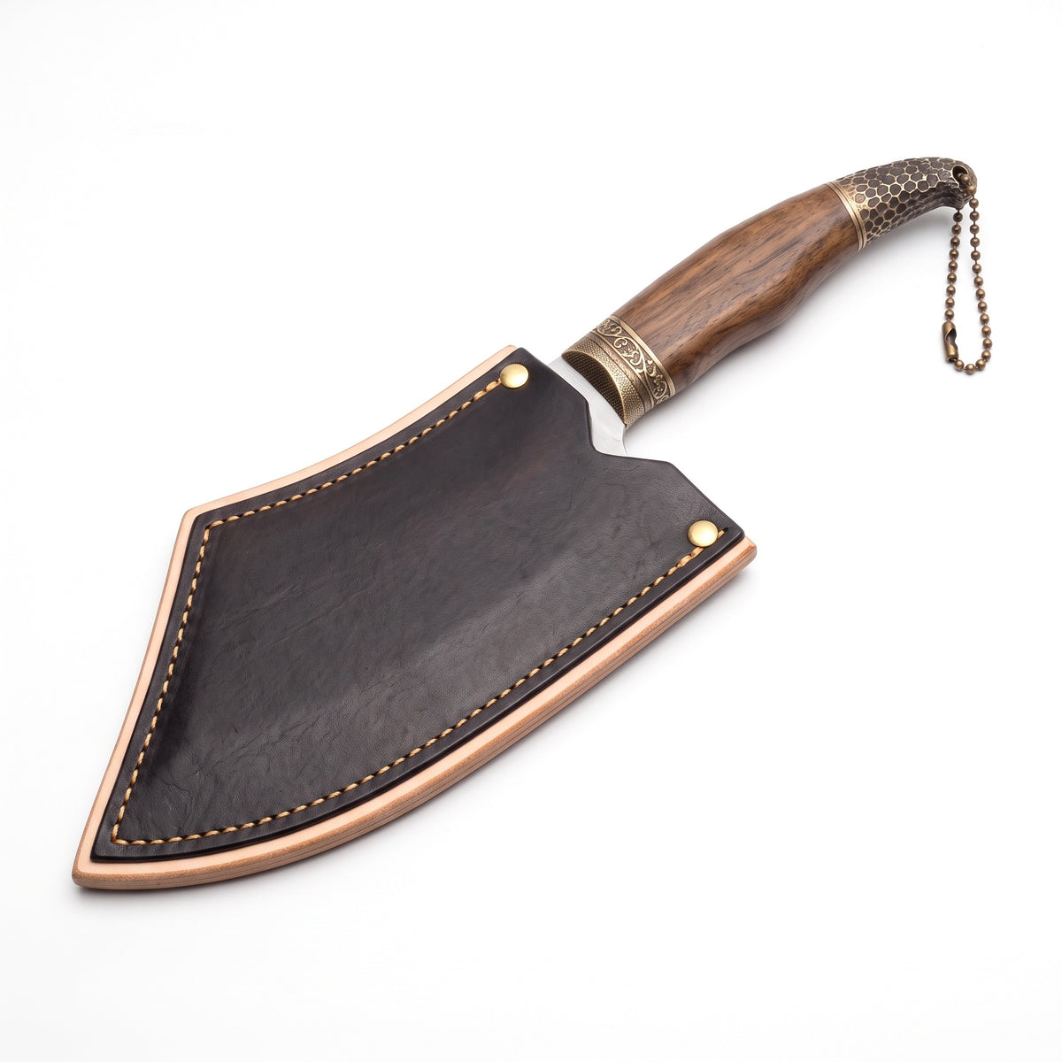 Hollow 10" Carbon Steel Meat Cleaver | Rosewood, seated in the Crownridge blade guard