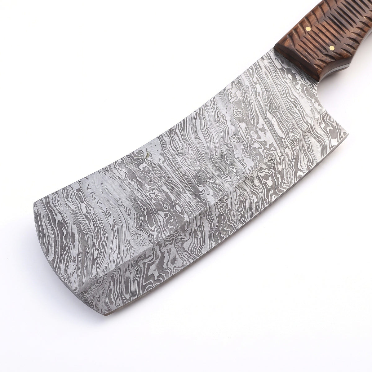 Hollow 10" Damascus Cleaver | Grooved Walnut, Damascus blade close-up