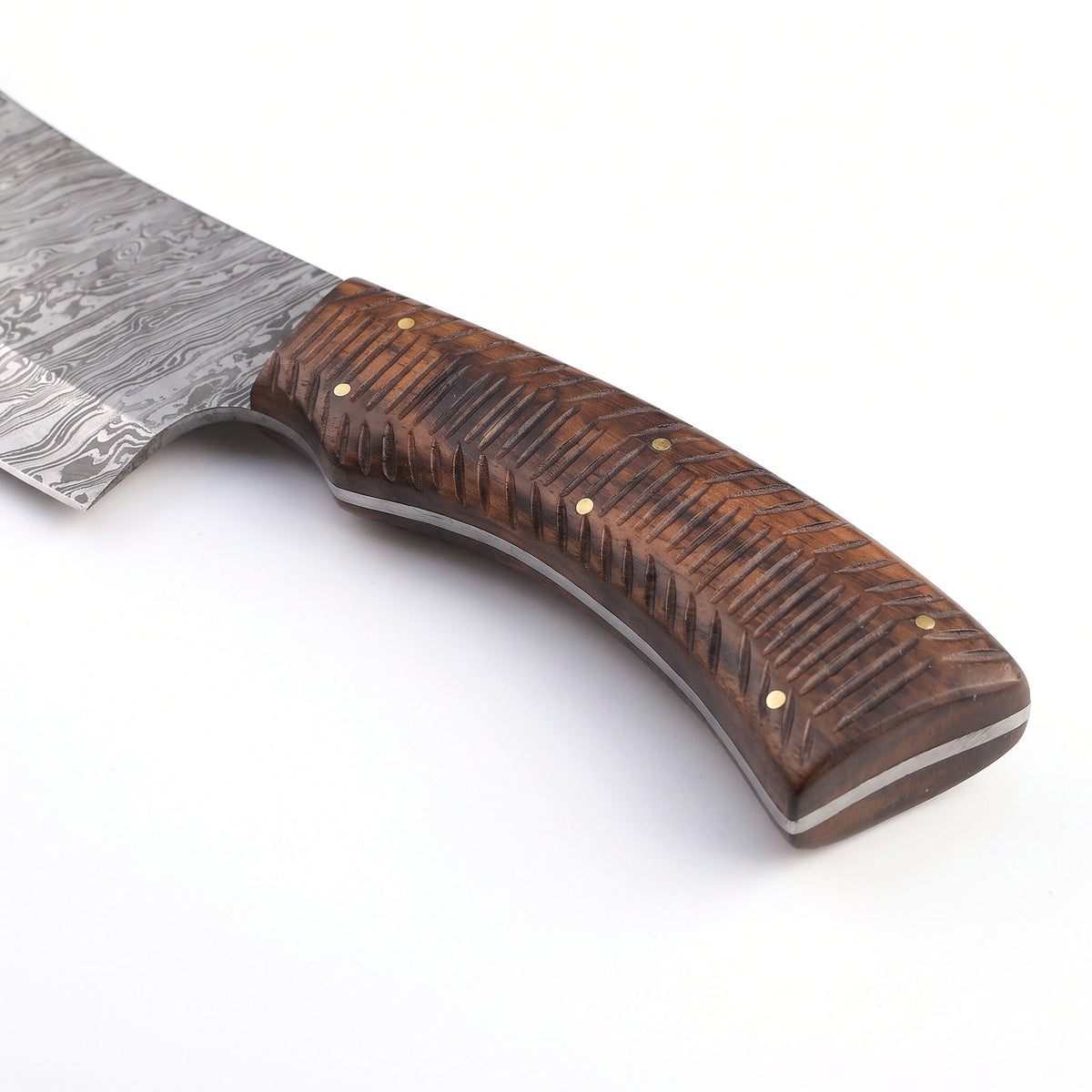 Hollow 10" Damascus Cleaver | Grooved Walnut, handle and fittings close-up