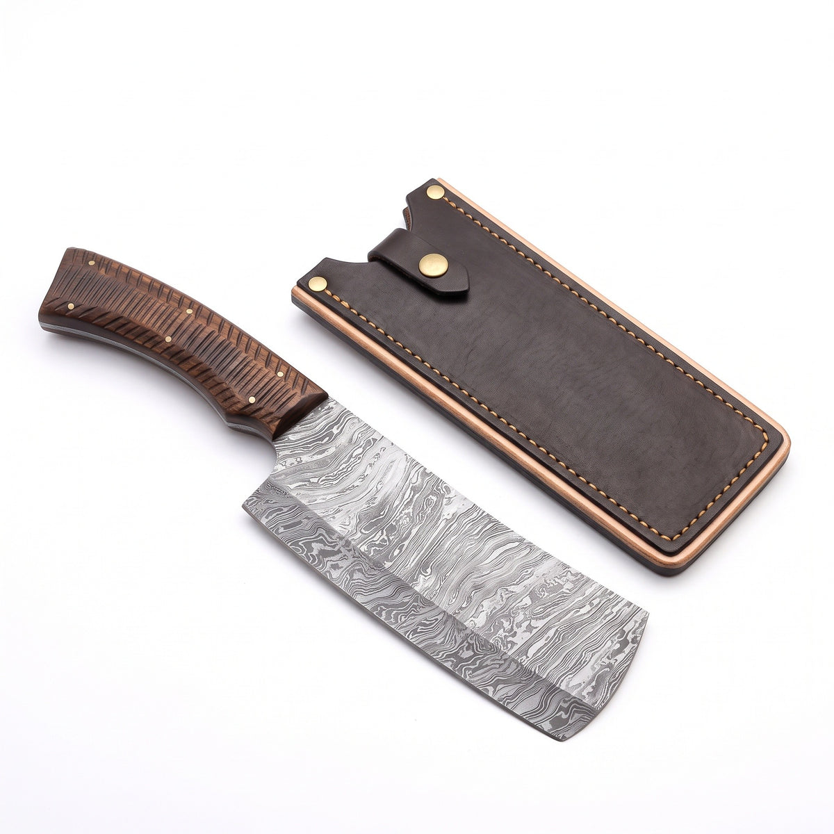 Hollow 10" Damascus Cleaver | Grooved Walnut, three-quarter view with the Crownridge sheath