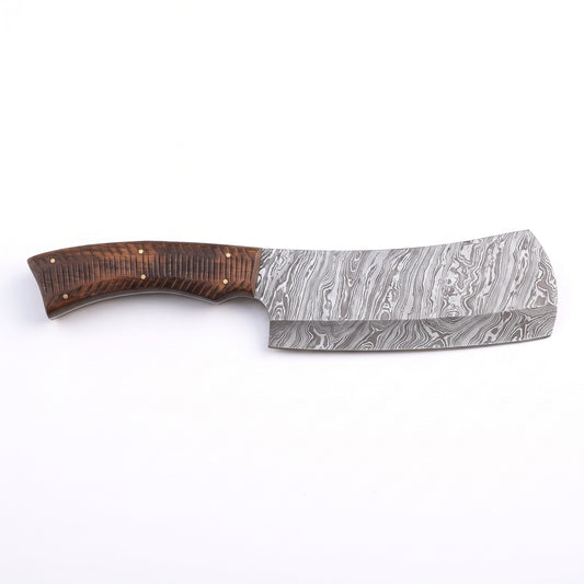 Hollow 10" Damascus Cleaver | Grooved Walnut, side profile on white