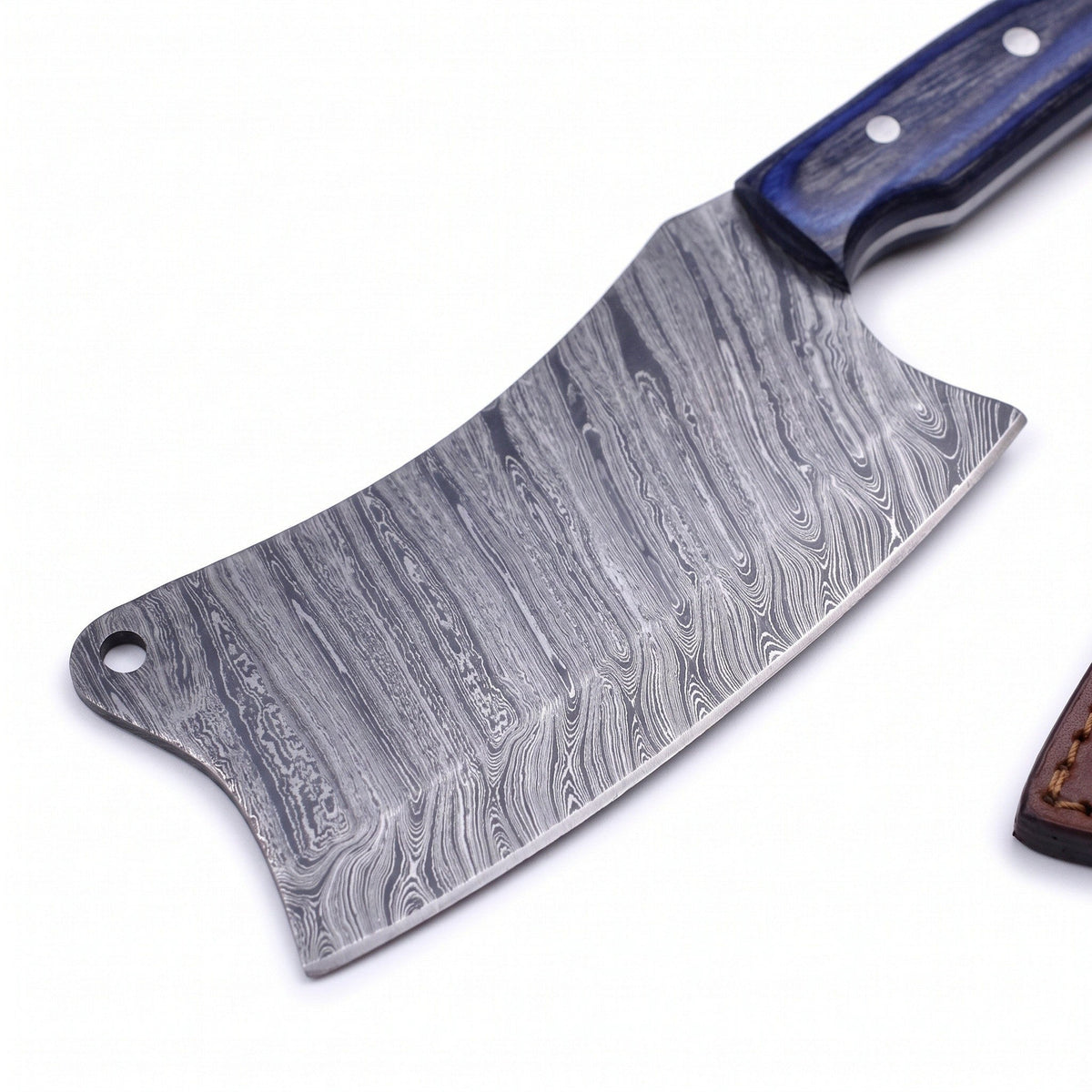 Hollow 10" Damascus Serbian Chef Knife | Blue Pakkawood, Damascus blade close-up