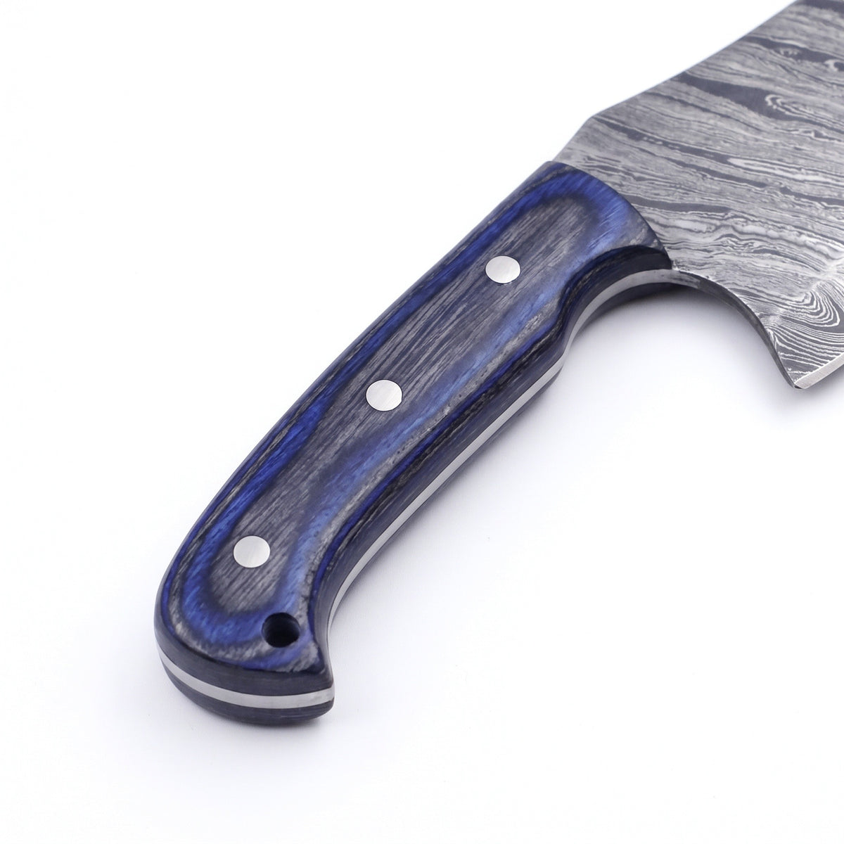 Hollow 10" Damascus Serbian Chef Knife | Blue Pakkawood, handle and fittings close-up