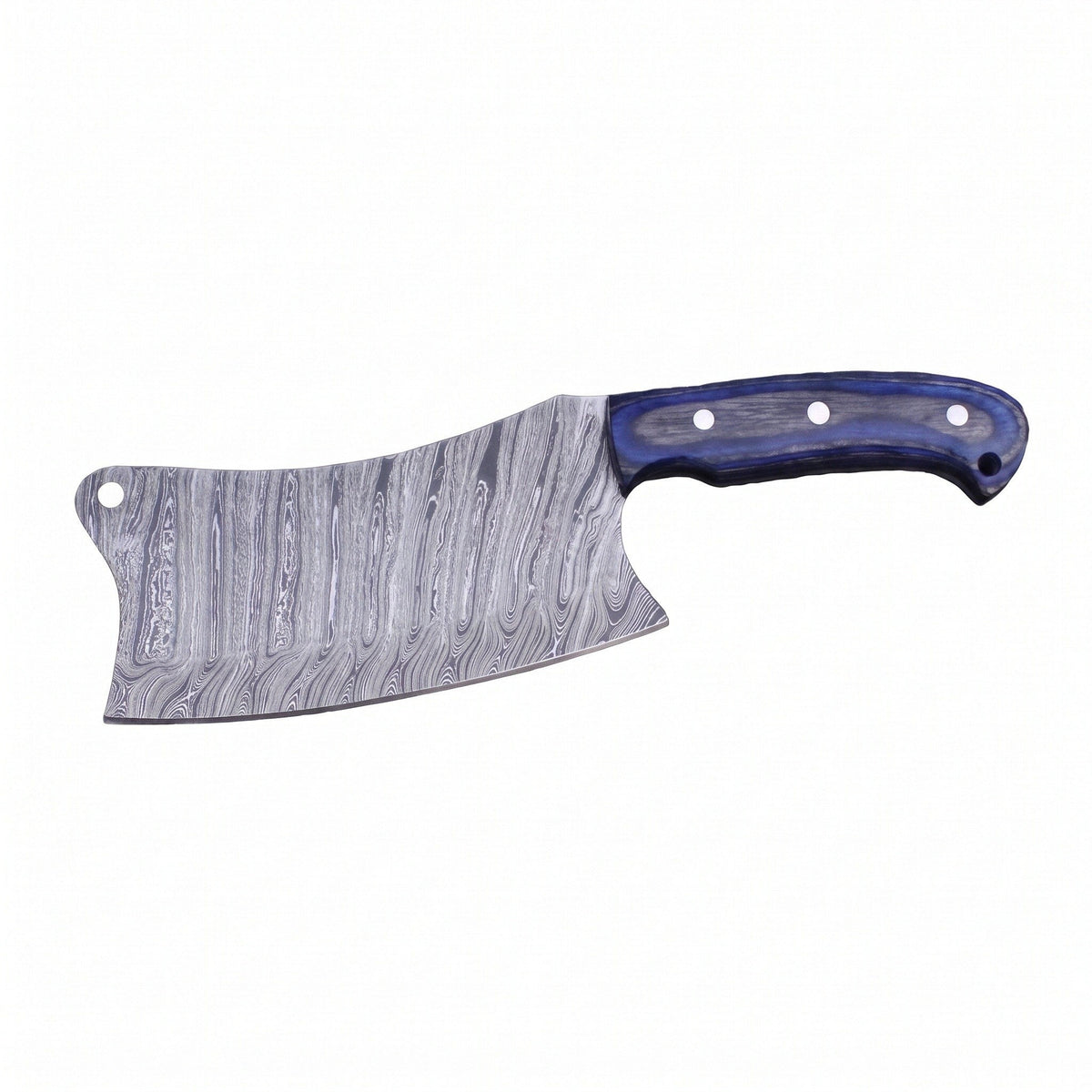 Hollow 10" Damascus Serbian Chef Knife | Blue Pakkawood, side profile on white