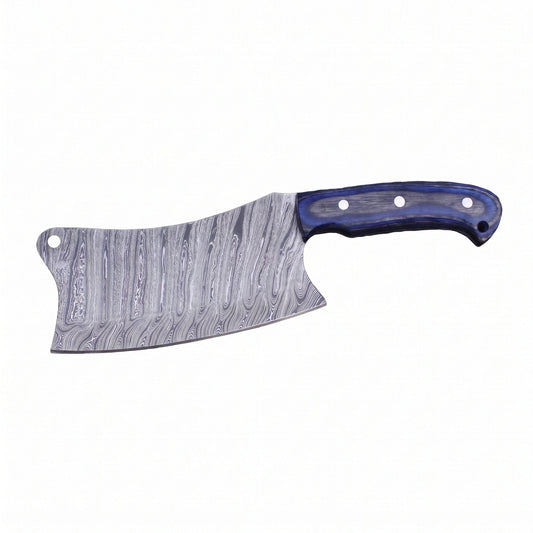 Hollow 10" Damascus Serbian Chef Knife | Blue Pakkawood, side profile on white